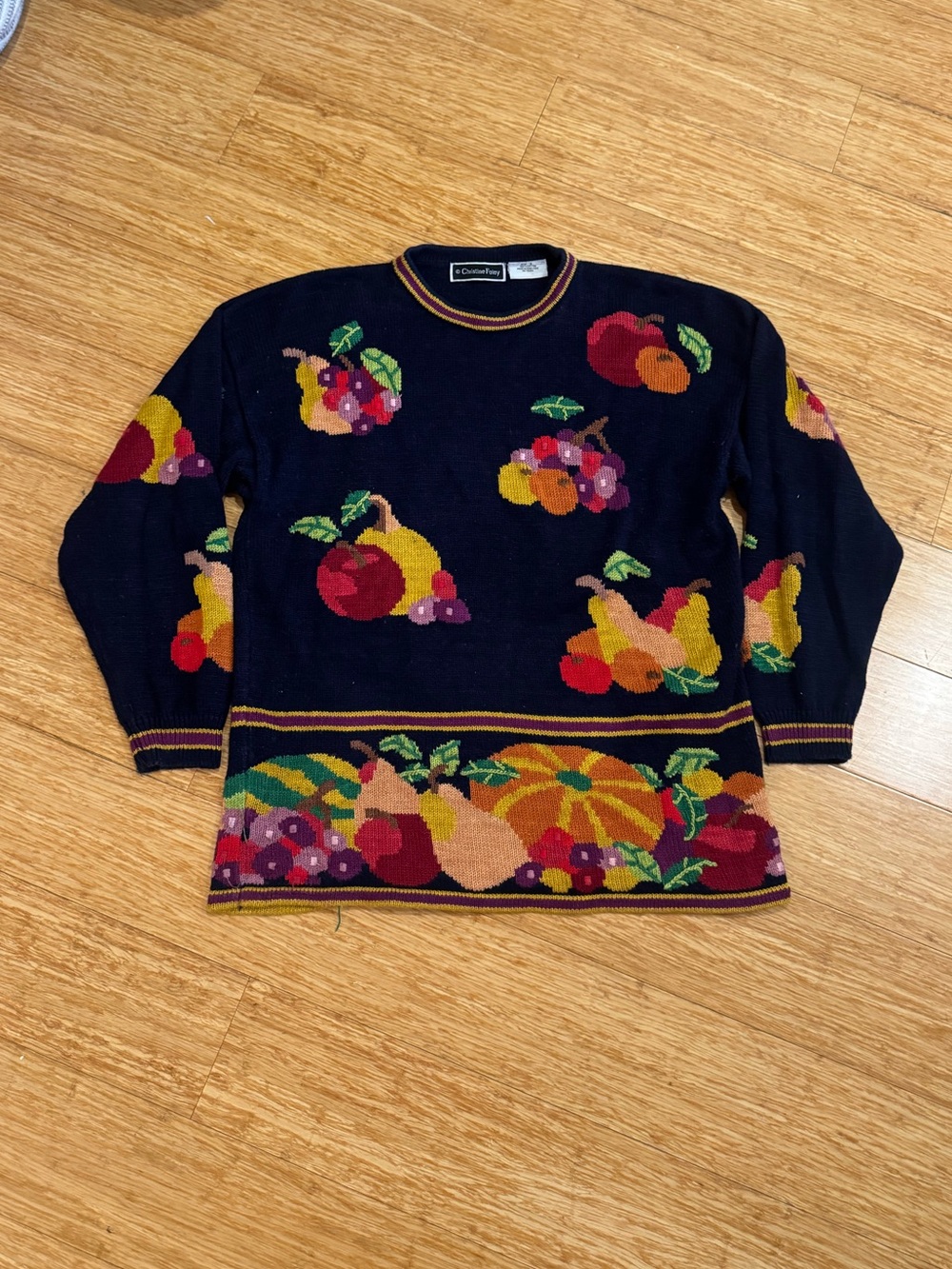 Vintage Christine Foley blue autumn harvest fruits crewneck sweater